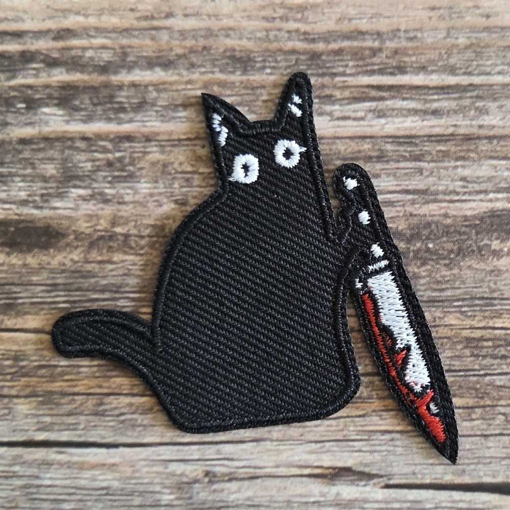 Stabby Black Cat Horror Gothic Murder Kitty Kitten Halloween Iron On Patch